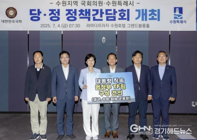 이재준 수원시장(오른쪽 3번째), 백혜련(왼쪽 3번째)·김영진(오른쪽 2번째)·김승원(오른쪽 1번째)·염태영(왼쪽 2번째)·김준혁(왼쪽 1번째) 의원이 ‘대통령 직속 범정부 군공항 이전 TF팀’ 구성을 건의하는 내용이 담긴 팻말을 들고 기념촬영을 하고 있다.