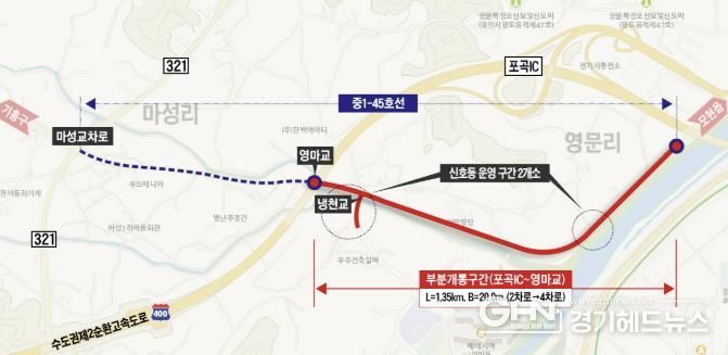 용인특례시 처인구 포곡읍 마성리 50-6번지와 영문리 2-93번지를 잇는 연결도로 중 일부 구간이 25일 우선 개통된다