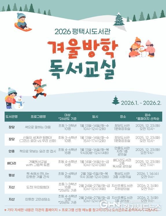 2026년 평택시 도서관 ‘겨울방학 독서교실’ 운영