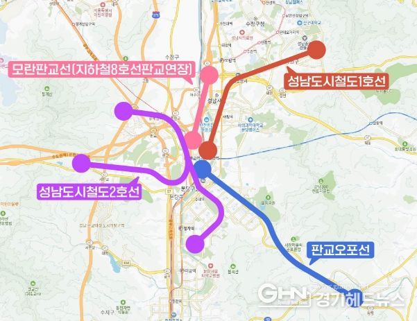 경기도 도시철도망 구축계획에 반영된 성남시 4개 도시철도 노선