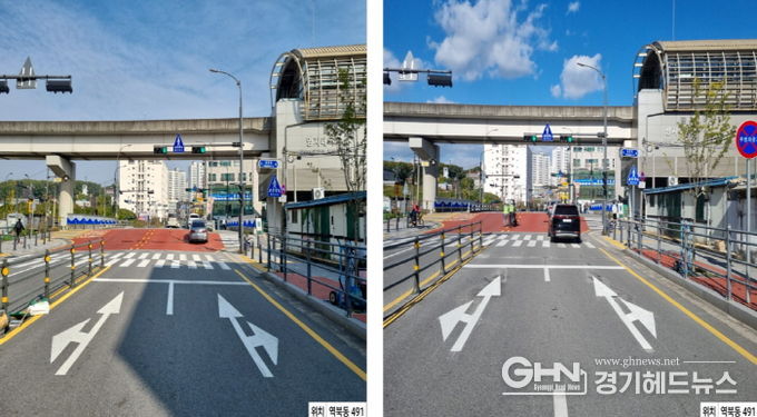 횡단보도와 차량정지선 이격거리를 5m로 확대한 처인구 역북동 491번지의 모습. 사진은 이격거리 확대 전(좌)과 확대 후(우)의 모습.