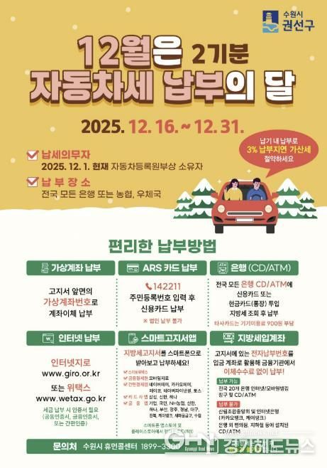 수원시 권선구, 12월은 자동차세 2기분 납부의 달
