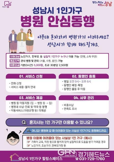 성남시, 1인가구 병원 안심동행 서비스 안내문