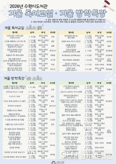 수원시도서관 2026년 겨울방학 독서문화프로그램 홍보물
