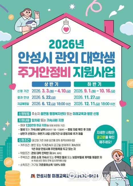 안성시, 관외 대학생 주거안정비 최대 120만원 지원