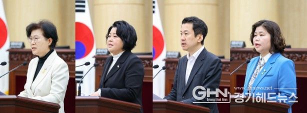 안산시의회가 8일 본회의장에서 제302회 임시회 제2차 본회의를 열고 시정질문과 5분 자유발언을 진행했다. 사진 왼쪽부터 이날 시정질문에 임한 박은경 의원과 5분 자유발언에 나선 김진숙 송바우나 박은정 의원의 모습.