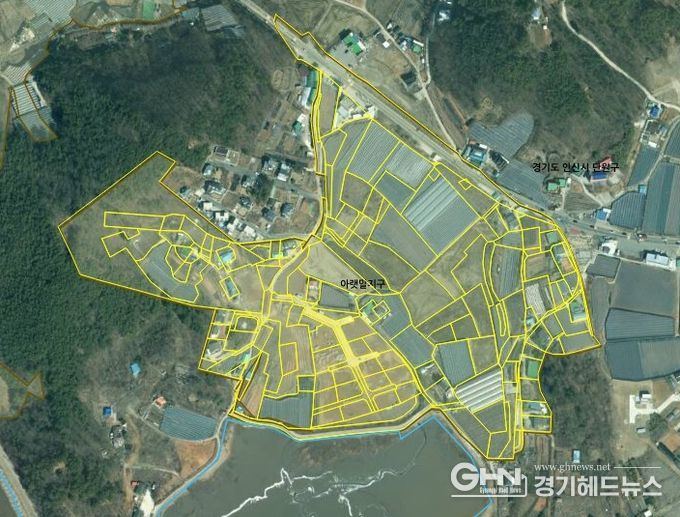 이번에 지적재조사사업이 완료된 대부도 아랫말지구 주제도.